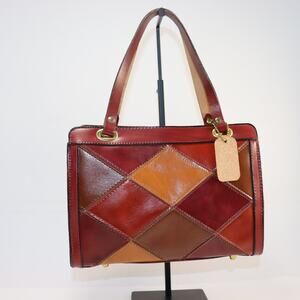 Burlington Patchwork Leather Satchel Red Brown Tan Vintage Style Kiss Lock